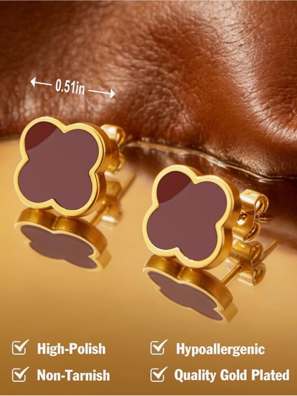 18k Gold-Plated four leaf Clover Stud Earrings in Deep Plum